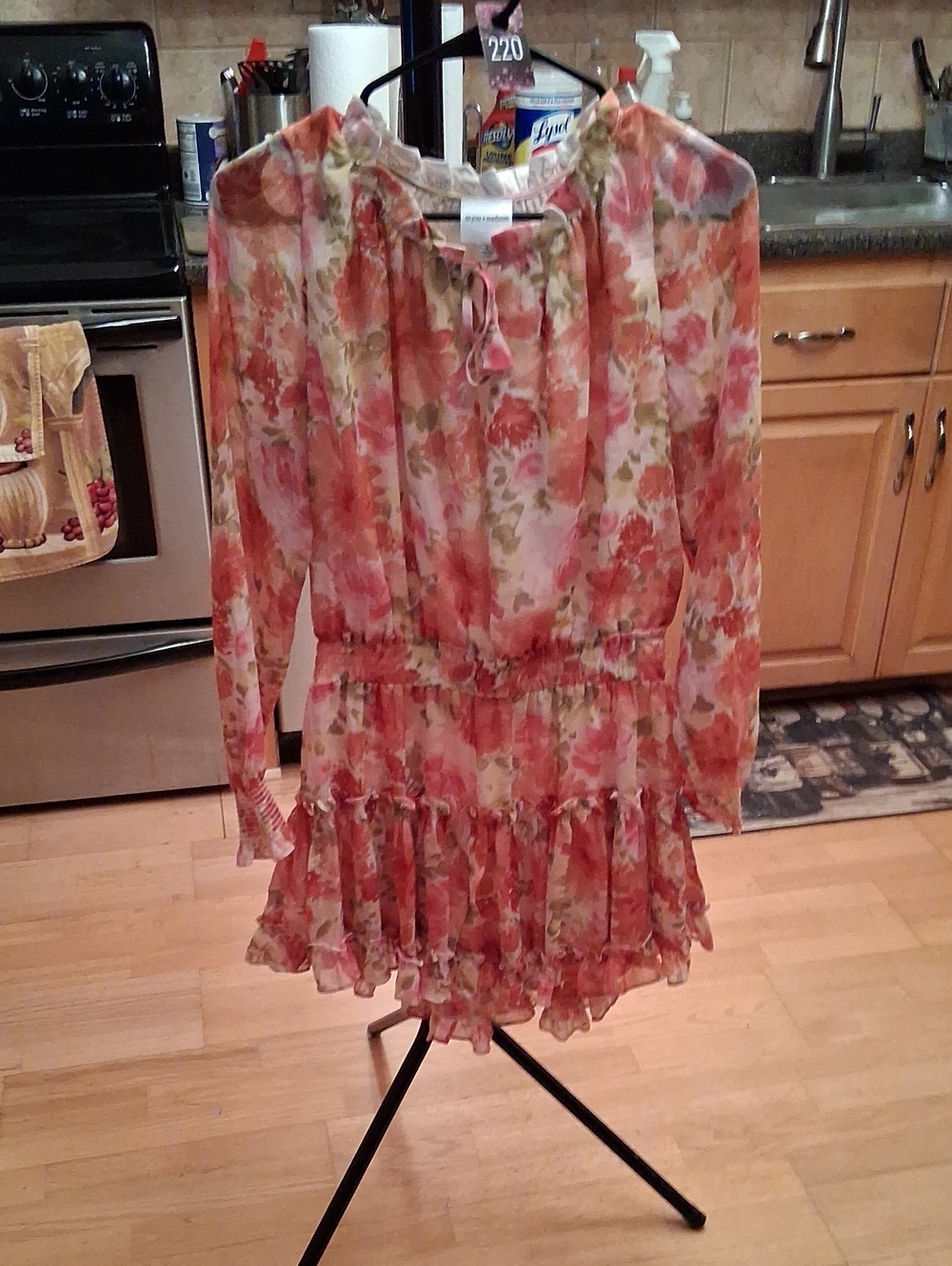 Skylar + Madison Pink Coral Floral Tie-Neck Ruffle Midi Dress